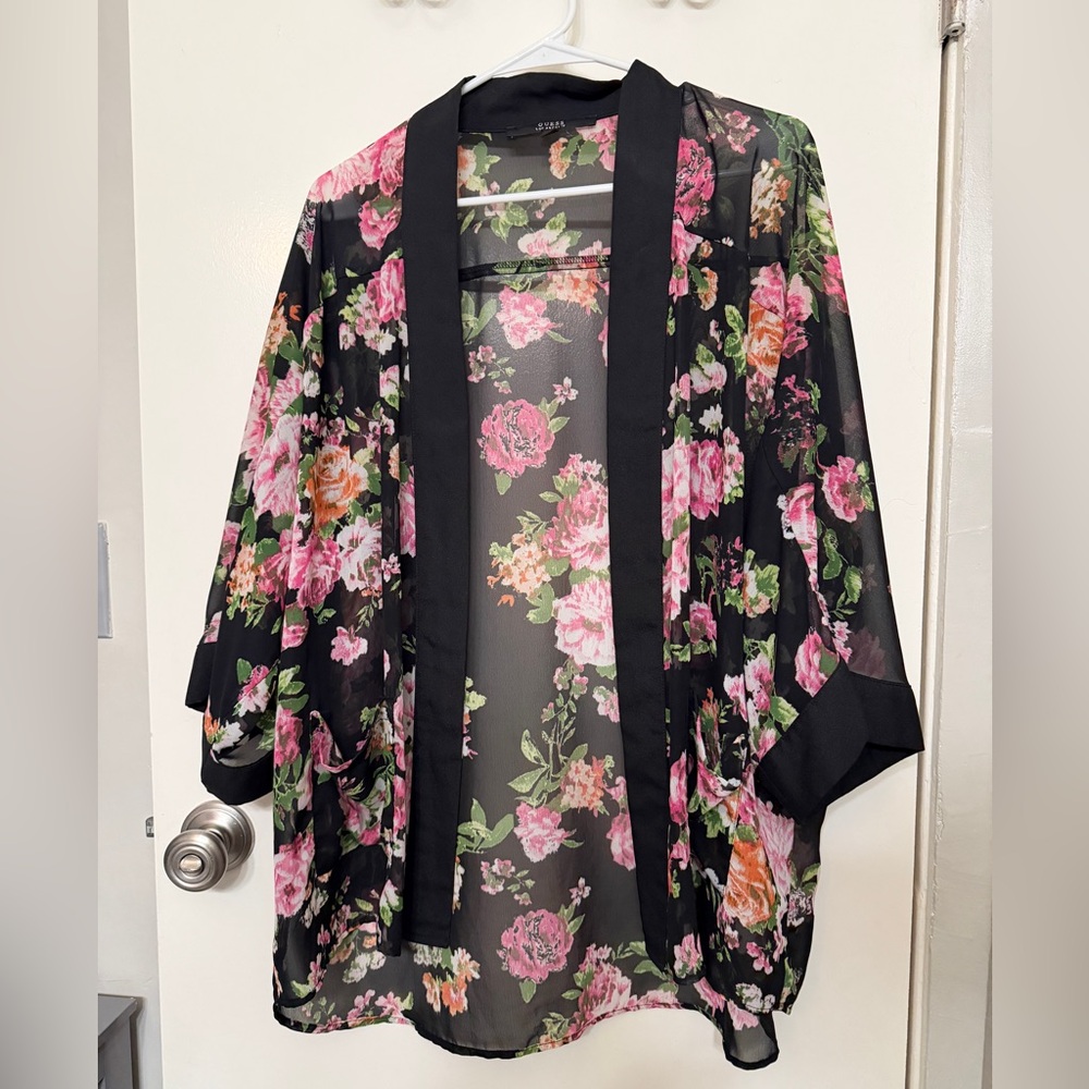Guess Floral Sheer Kimono with Floral Accents- Medium